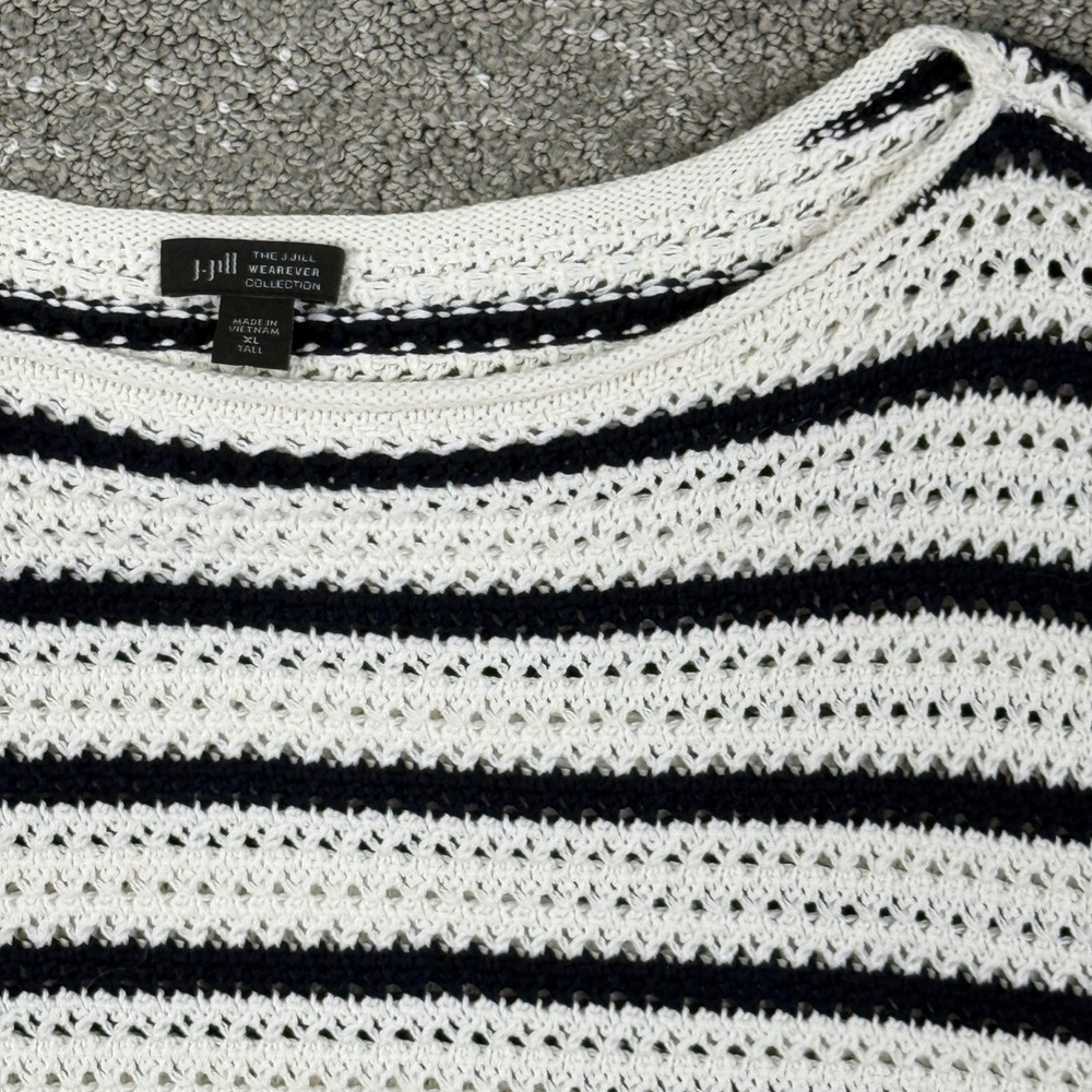 J. Jill Sweater Womens XL Tall Cream Navy Blue Striped Crochet Knit Wearever NWT